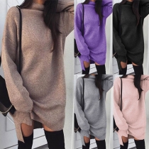 Fashion High Neck Long Sleeve Solid Color Slit Hem Dress
