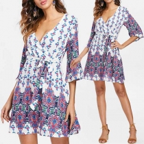 Fashion Deep V-neck 3/4 Sleeve Printed Pattern with Waistband Dress