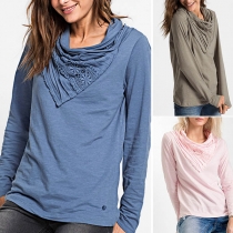 Sweet Crock Neck Solid Color Embroidered Long Sleeve Shirt