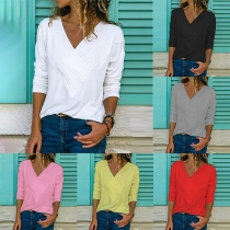 Fashion Deep V-neck Long Sleeve Solid Color Slim Fit Shirt