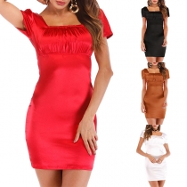 Elegant Solid Color Short Sleeve Square Collar Slim Fit Dress