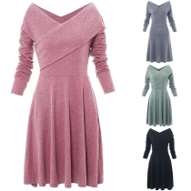 Sexy V-neck Long Sleeve High Waist Solid Color Dress