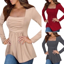 Fashion Solid Color Long Sleeve Square Collar T-shirt
