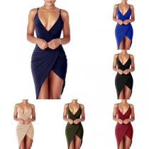Sexy Backless V-neck Irregular Hem Slim Fit Sling Dress