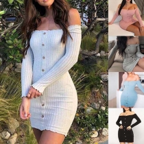 Sexy Off-shoulder Boat Neck Long Sleeve SLim Fit Knit Dress