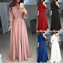 Fashion Solid Color Long Sleeve POLO Collar High Waist Maxi Dress