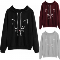 Cute Cat Printed Long Sleeve Loose Hoodie