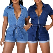 Fashion Short Sleeve POLO Collar High Waist Slim Fit Denim Romper