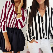 Sexy V-neck Long Sleeve Striped Blouse