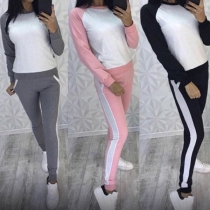 Fashion Contrast Color Long Sleeve Round Neck Sweatshirt + Pants Sports Suit