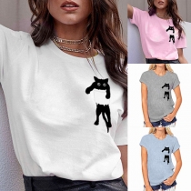 Cute Cat Printed Short Sleeve Round Neck T-shirt