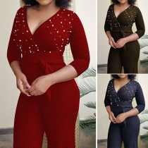 Sexy Deep V-neck 3/4 Sleeve High Waist Beaded Jumpsuit