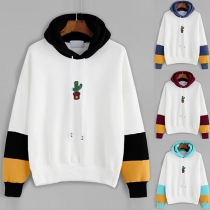 Fashion Contrast Color Long Sleeve Cactus Printed Hoodie