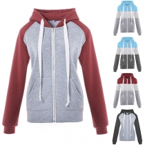 Fashion Contrast Color Long Sleeve Hooded Sweatshirt Coat 