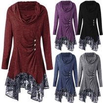 Fashion Long Sleeve Cowl Neck Lace Spliced Irregular Hem Dress