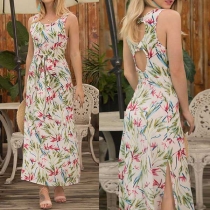 Sexy Backless Slit Hem Sleeveless Round Neck Printed Dress