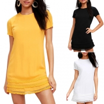 Fashion Solid Color Short Sleeve Round Neck Lace Spliced Hem Dress