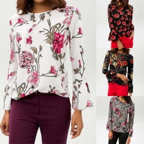 Fashion Trumpet Sleeve Round Neck Printed Chiffon Top 
