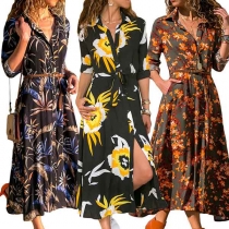 Fashion Long Sleeve POLO Collar Printed Shirt Dress