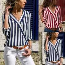 Fashion Long Sleeve V-neck High-low Hem Striped Blouse