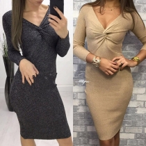 Sexy Twisted V-neck Long Sleeve Solid Color Slim Fit Knit Dress