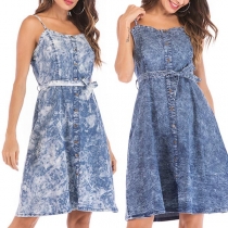 Sexy Backless V-neck High Waist Sling Denim Dress