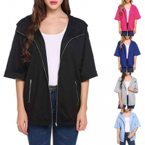 Fashion Solid Color Half Sleeve Hooded Sweatshirt Coat