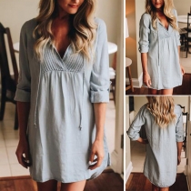 Fashion Solid Color Long Sleeve V-neck Loose Dress