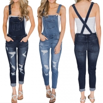 Fashion High Waist Slim Fit Ripped Denim Overalls 