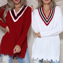 Fashion Contrast Color V-neck Long Sleeve Slit Frayed Hem Sweater