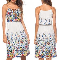 Fashion Lace-up V-neck Elastic Waist Printed Sling Dress