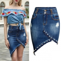 Fashion Side Pockets Frayed Irregular Pearls Hemline Over-hip Skirt