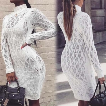 Fashion Solid Color High Neck Long Sleeve Slim Fit Knitted Over-hip Dress
