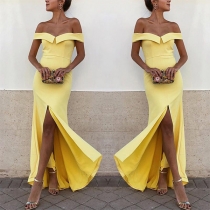 Sexy Off-shoulder Boat neck Slit Hem Solid Color Party Dress