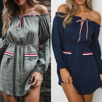Sexy Off-shoulder Boat Neck Long Sleeve Elastic Waist Dress