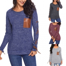 Fashion Lace-up Long Sleeve Round Neck T-shirt 