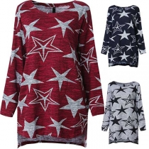 Fashion Long Sleeve Round Neck High-low Hem Pentagram Printed Dress