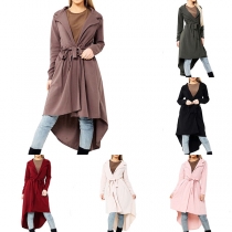 Fashion Solid Color Long Sleeve High-low Hem Windbreaker Coat