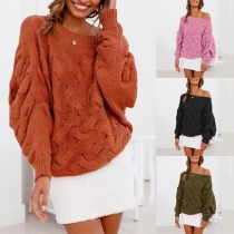 Sexy Off-shoulder Boat Neck Long Sleeve Solid Color Sweater
