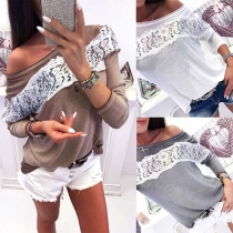 Fashion Long Sleeve Round Neck Lace Spliced T-shirt