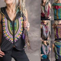 Ethnic Style Sleeveless Hooded Printed Vest
