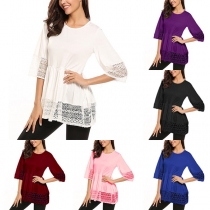 Fashion Round-neck Lace Spliced Short Sleeve Pleated Hemline Short Dress