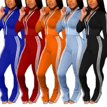 Fashion Deep V-neck Long Sleeve Striped Slim Fit Sports Jumpsuit