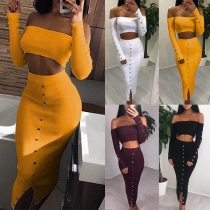 Sexy Boat Neck Long Sleeve Crop Top + High Waist Skirt Two-piece Set