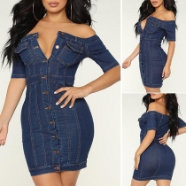 Sexy Off-shoulder Boat Neck Short Sleeve Slim Fit Denim Dress