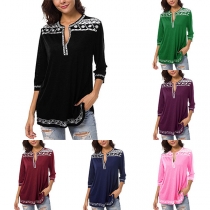 Fashion Deep V-neck Printed Pattern Long Sleeve Shirt