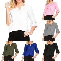 Fashion Solid Color Long Sleeve V-neck Chiffon Blouse 