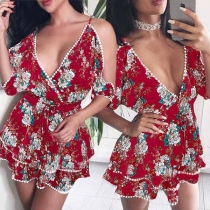 Sexy Backless Deep V-neck Off-shoulder Half Sleeve Printed Dress