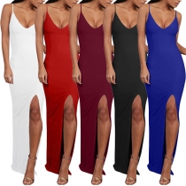 Fashion Solid Color Deep V-neck Backless Sleeveless Side-slit Slim Fit Long Dress