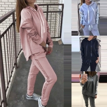 Fashion Solid Color Long Sleeve Drawstring Hooded Shirt + Slim Fit Casual Pants Two-piece Set 